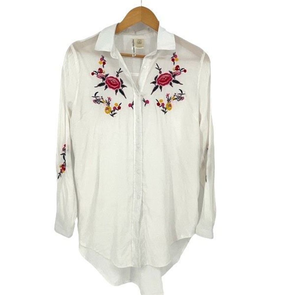 Forgotten Grace Floral‎ Embroidered Shirt Womens Small White Boho Cottagecore